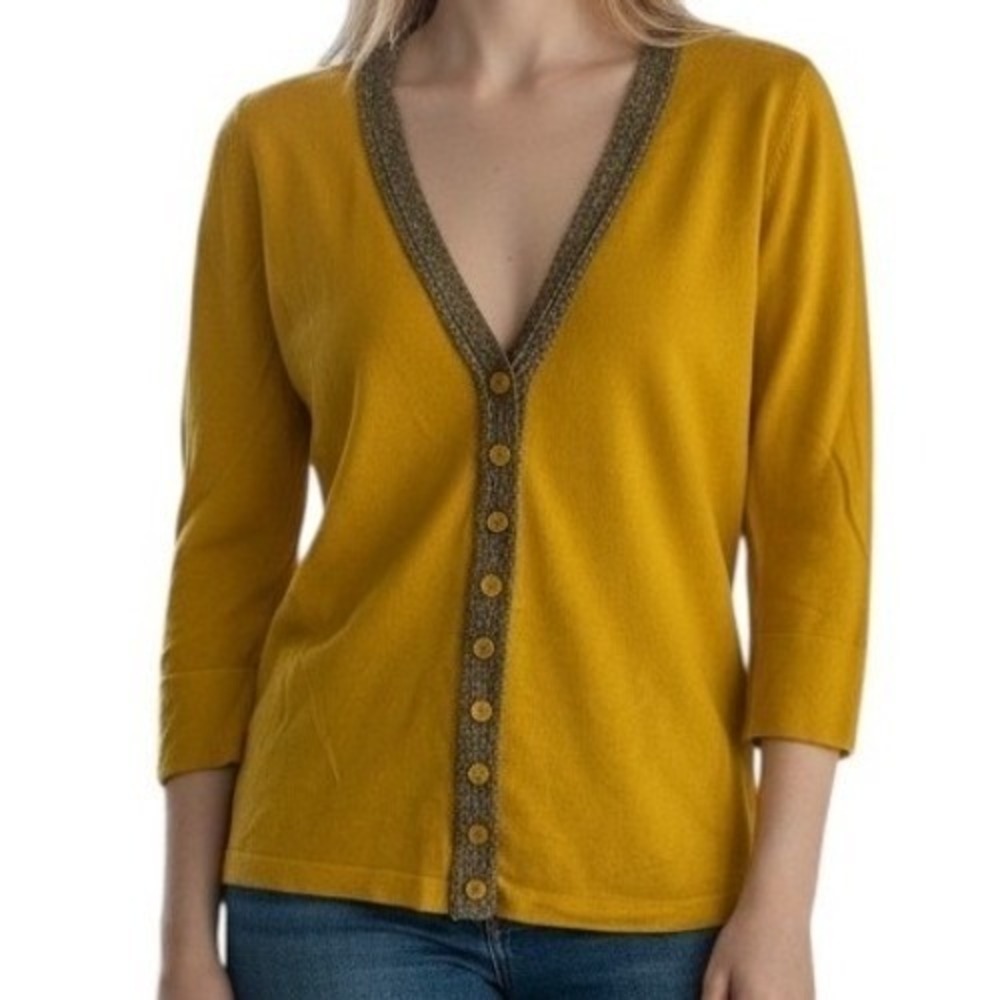THE LIMITED Mustard Yellow 3/4 Sleeve V Neck‎ Beaded Trim Cardigan XS